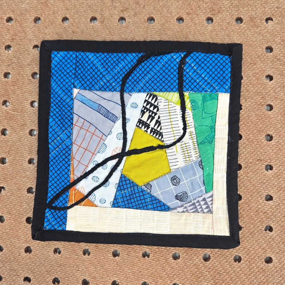 Vrg Handmade Quilted Patchwork Abstract Art Coaster Blue Green Yellow Sq 6.5"